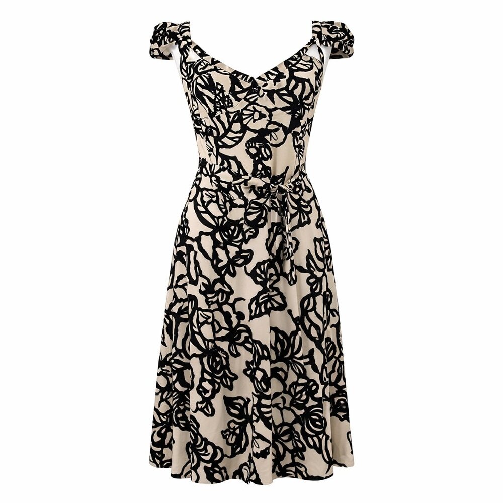 Tracy Reese 100% Silk Belted Drop Waist Midi Dress Black Ivory 8